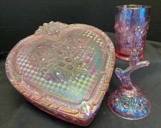 Fenton Glass Heart Shaped Iridescent Trinket Box Small Glass Owl Ring Holder Decor
