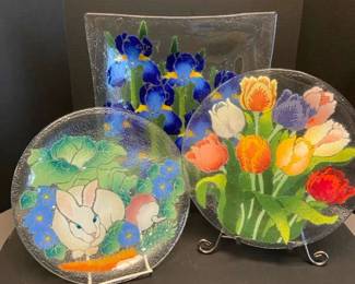 Fused Glass Iris Tulips Bunny Art Glass Platters