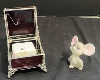 Stained Glass Music Box With Fenton Mouse Figurine