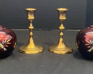 Pair Of Hand Painted Ceramic Vases And Solid Brass Candle Holders