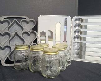 Cast Iron Heart Shaped Baking Ware Vintage Glass Shakers And Twin Bird Japan Set