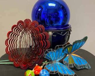 Blue Garden Globe Planter With Stand Butterfly Stakes More