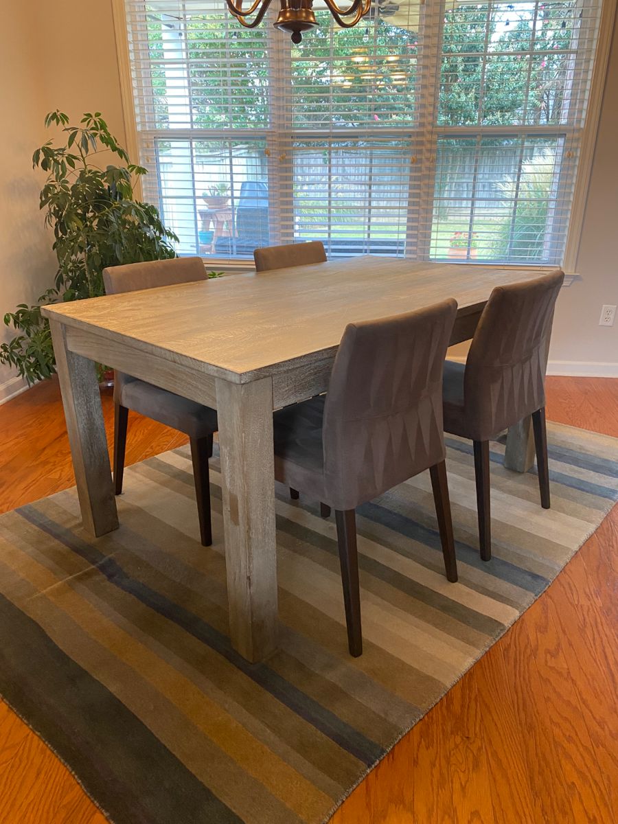 Pier 1 reclaimed pine dining table, Crate and Barrel upholstered chairs (4), Crate and Barrel wool rug