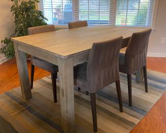 Pier 1 reclaimed pine dining table, Crate and Barrel upholstered chairs (4), Crate and Barrel wool rug
