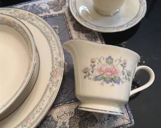 Complete set of Lenox china Charleston pattern, c. 1985, 8 place settings, plus platter and other serving pieces. Said, at purchase, to be dishwasher proof, but untested