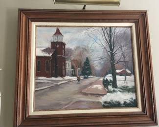 Oil painting by Phil Starke, artist with KC connections. Scene believed to be a street in Lexington, Mo. Acquired from a West Plaza gallery in 1985.