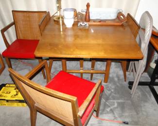 Dunbar Kitchen Table Drop style and 4 chairs cane back, red vinyl seats