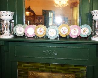 Antique Cased Glass Girandoles, reticulated hand painted dessert plates