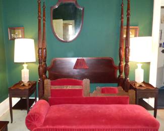 Queen Rice Bed,  Antique Fainting Couch, Shield Mirror