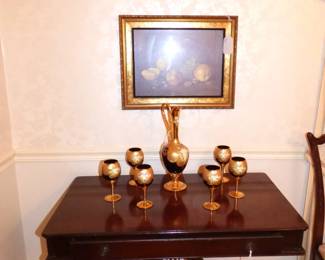 Mahogany Lyre Table, Italian Decanter with matching wine glasses (See Next 2 Pics)