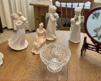 Miscellaneous items. Note the crystal bowl in front. This is from the American Brilliant Period and is cut glass. Also note the artwork in the upper right corner, with cranes and pine. These are common motifs in Chinese and Japanese art.