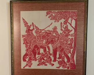 This is a vintage Thai stone rubbing depicting a battle scene.