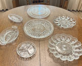 Here are additional glassware dishes. Note the two deviled egg plates, always handy for entertaining.