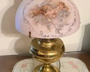 This is an electrified Kerosene lamp, made of brass, with a lovely porcelain shade.