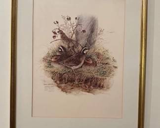 Professionally framed print entitled "Bobwhite" by Don Whitlatch, with Certificate of Registration and Authentication (#1385).