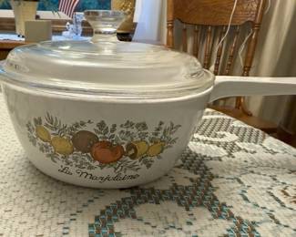 This is a vintage corning ware pot in the La Marjolaine pattern.