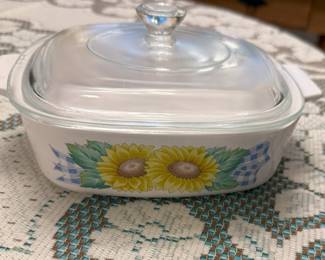 Sunflower design corning ware small casserole dish.
