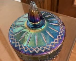 This is a lovely carnival glass dish, with a top.
