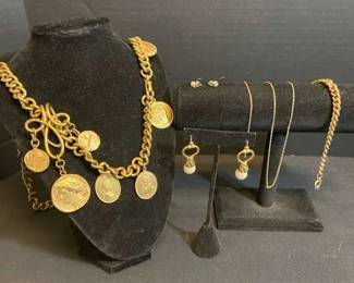 Gold Overlay Bracelet Gold Plated Scrap Chain Coin Necklace Earrings