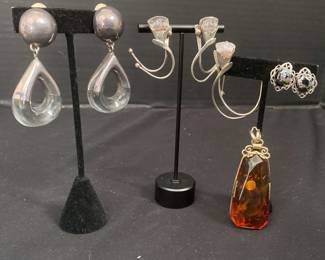 Sterling Earrings Pendant And Floral Pin Broach