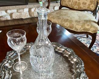 Silverplate tray, crystal decanter & stemware