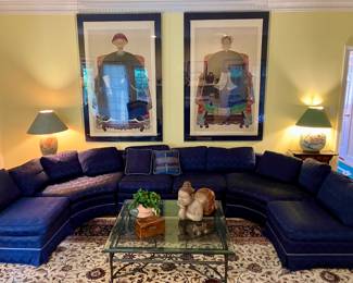 Baker down filled blue sectional sofa