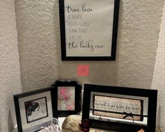 Lot 11 picture frames, glass birds and metal rose $28