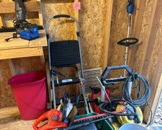 Lot 24. Pressure washer, cobalt weedeater with charger saw all spreader hedge trimmer.  $150 