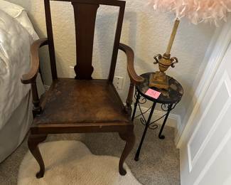 Lot 31 feather lamp, chair, side table, and rug.  $55. 