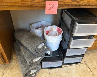 Lot 58  plastic storage bins, trash cans, and rugs $15