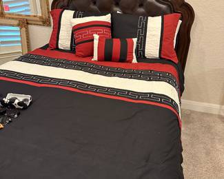 Lot 46 Queen size bed, headboard, frame, mattress, and bedding. $350