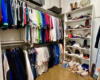 Men’s clothing:  Pants mostly size 36 (some other sizes as well.  Shirts, sweaters and jackets mostly sized L-XL
Northface, Columbia, Nike, Ralph Lauren and other nice brands