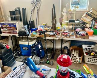 GARAGE FULL OF BASEBALL AND SOFTBALL EQUIPMENT, LACROSSE, ETC.