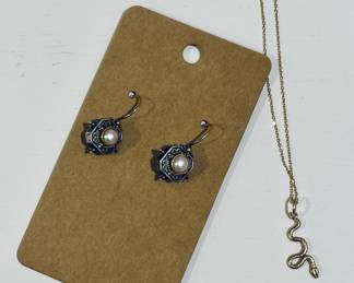 18K and silver earrings (pierced) and 14K gold chain with snake pendant