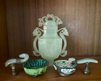 Two Cloisonné jade belt hook mounted enamel bowls (foreground)