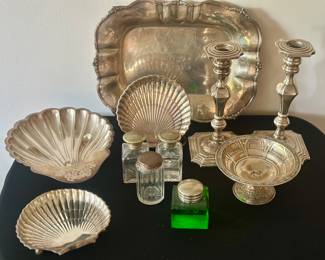 Sterling silver trays, dishes, and candlesticks plus vintage dressing table/boudoir set with the Hamilton clan crest and green glass inkwell