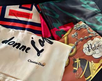 Designer scarves, including Hermes, Dior, and Yves Saint Laurent