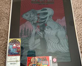 Framed Phish concert poster & ticket stubs