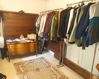 Mens clothing, low dresser and antique oak bed