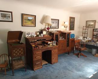 Edison record player, rolltop desk and other furniture