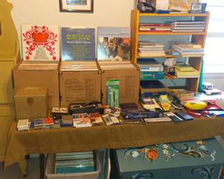 Records, hand painted chest and misc electronics/office supplies