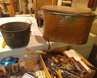 Cast iron pail and copper washbin