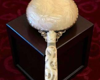 A WHITE JADE MOUNTED SILVER HAND MIRROR 