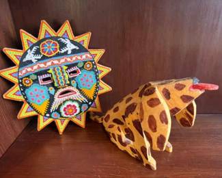 Tribal Seed Bead Sun Mask And Carved Folk Art Dog 