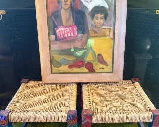 Original Framed Watercolor Signed Mina  Folk Art Painted Stools