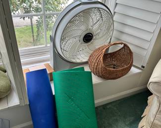 yoga matts, fan, baskets
