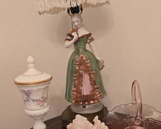 Pink Milk Glass Epergne- Fenton Candy Dish - Pink Depression Basket - porcelain Lady Lamp - We have the Male