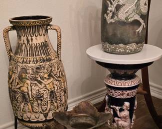 Oversized Vases - One Brass - one Oriental - One Chalk - Antique Pedestal