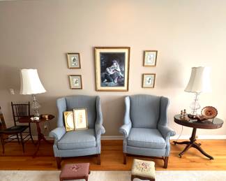 Wingback Chairs - Footstools - Framed Art- Pedestal Table - Lamps 