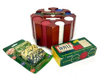 Vintage Poker Chip and Carousel Lot with 2 Decks of Cards